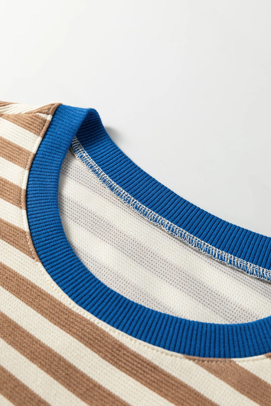 DLLS416 - Ladies Brown Stripe Short Puff Sleeve Contrast Trim Round Neck Tee