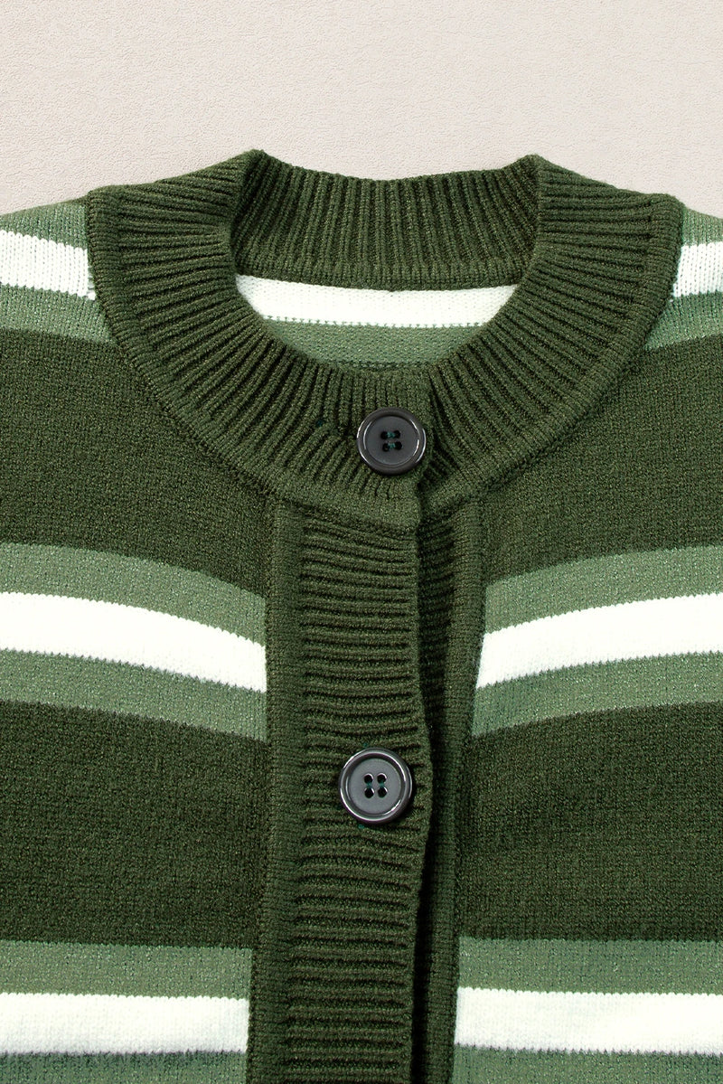 Load image into Gallery viewer, DLLS290 - Ladies Green Stripe Drop Shoulder Buttons Cardigan Sweater
