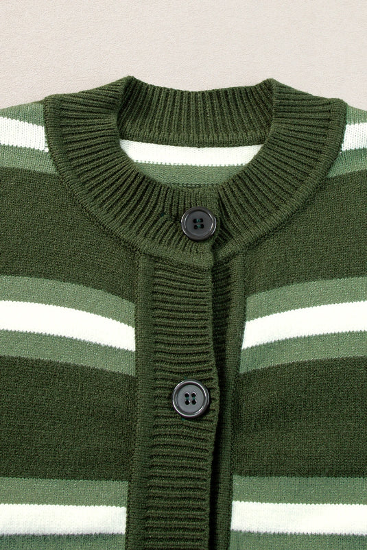 DLLS290 - Ladies Green Stripe Drop Shoulder Buttons Cardigan Sweater