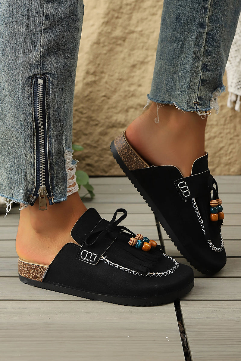 Load image into Gallery viewer, DLLSHOE 170 - Black Boho Fringed Suede Slip-on Loafers Square Toe Casual Slippers
