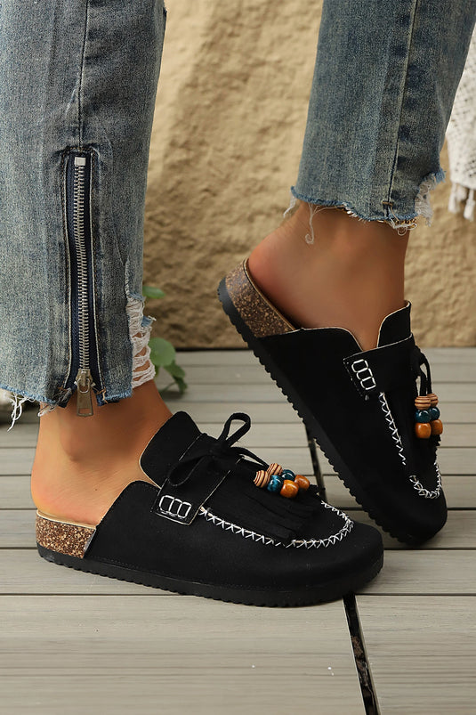 DLLSHOE 170 - Black Boho Fringed Suede Slip-on Loafers Square Toe Casual Slippers