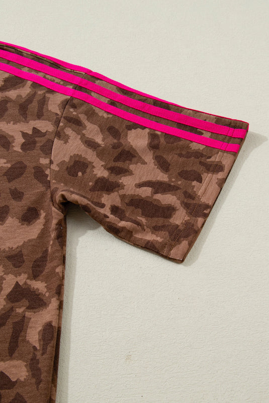 DLLS598 - Ladies Brown Contrast Striped Accent Leopard Short Set