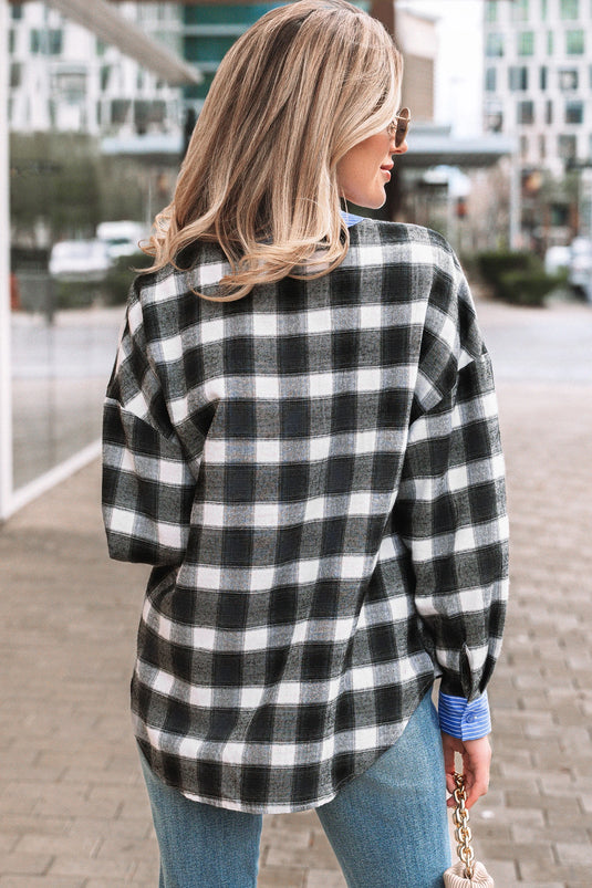 DLLS297 - Ladies Black Contrast Striped Edge Half Placket Plaid Blouse