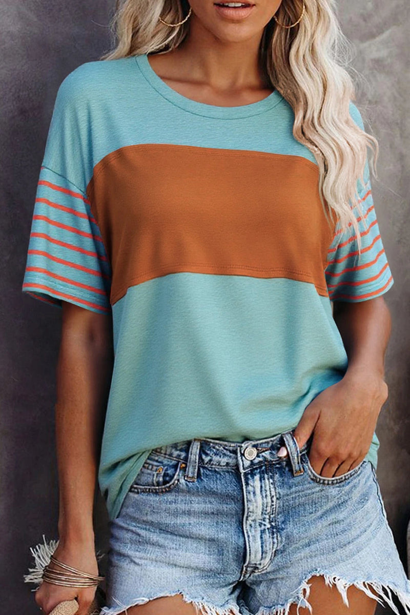 Load image into Gallery viewer, DLLS517 - Ladies Mint Green Color Block Striped Detail Loose T Shirt
