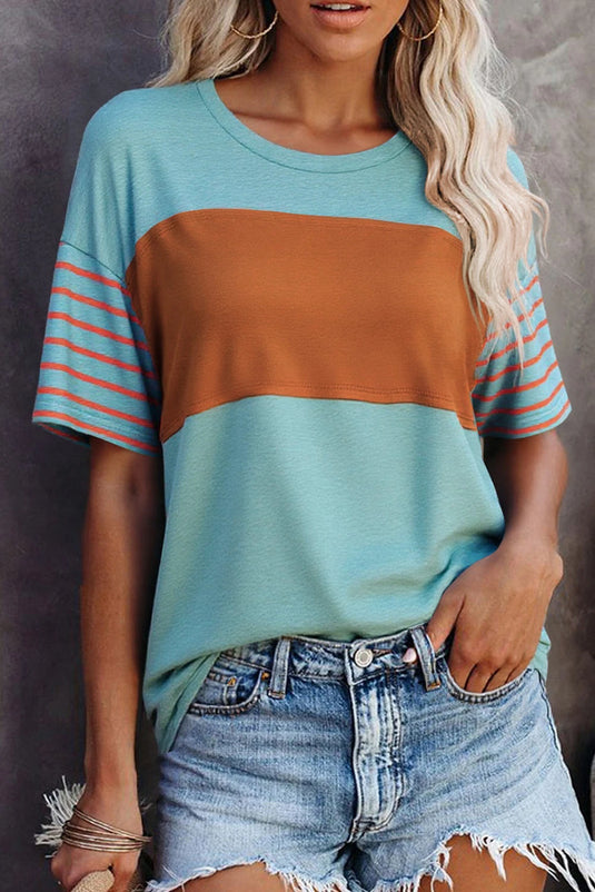 DLLS517 - Ladies Mint Green Color Block Striped Detail Loose T Shirt