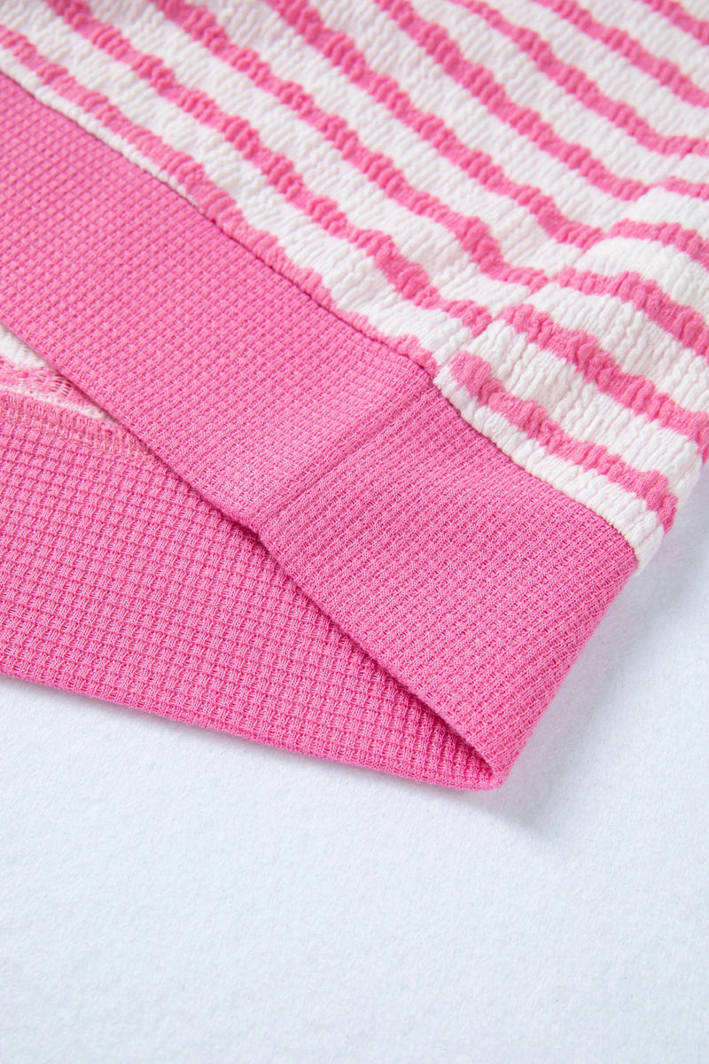 Load image into Gallery viewer, DLLS458 - Ladies Pink Stripe Textured Knit Contrast Trim V Neck Short Sleeve Top
