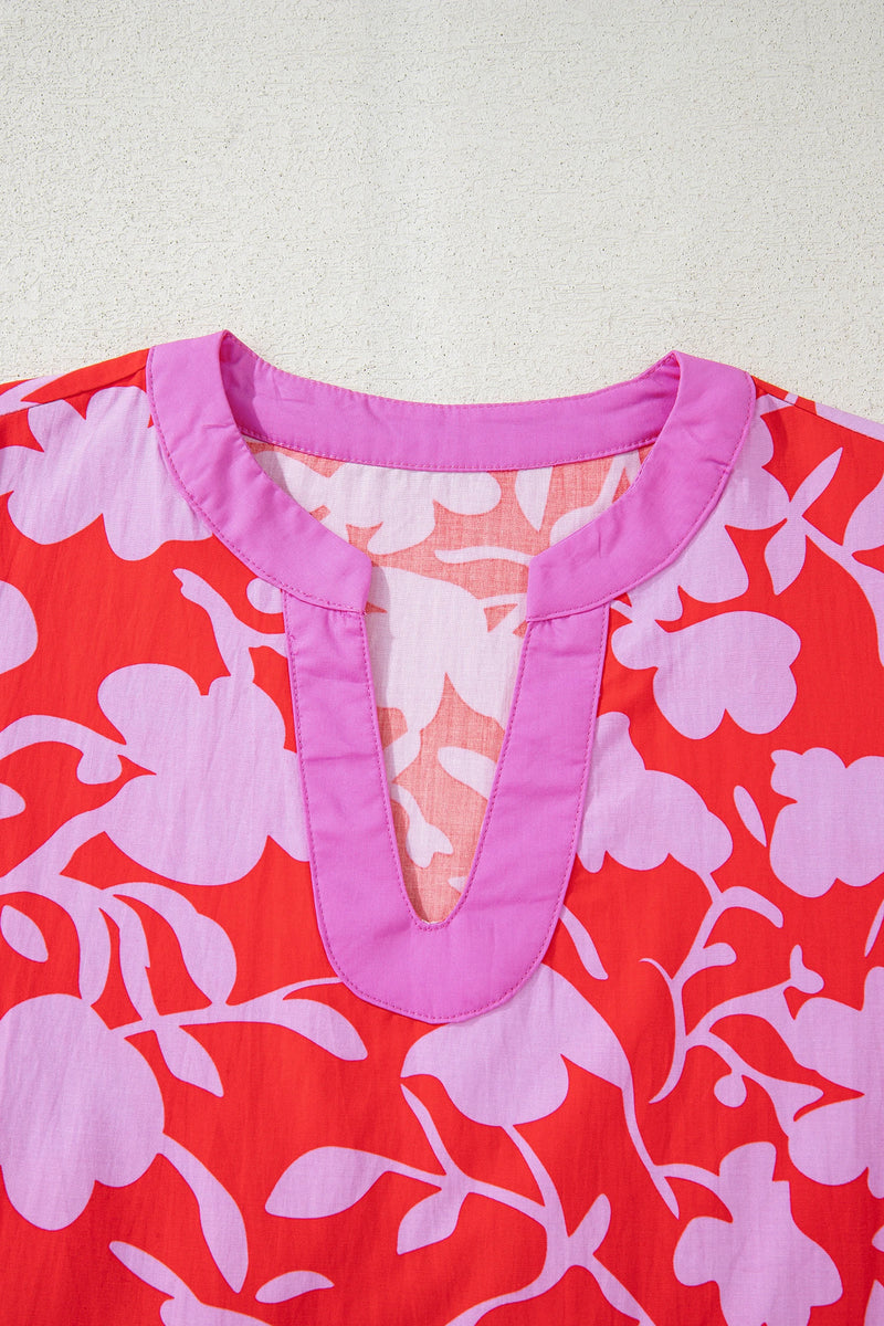 Load image into Gallery viewer, DLLS330 - Ladies Red Floral Print Split V Neck Cuffed Bracelet Sleeve Blouse
