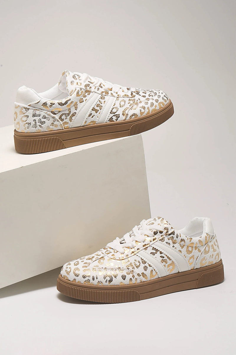 Load image into Gallery viewer, DLLSHOE 91 - Gold Metallic Leopard Print Lace Up Flat Shoes
