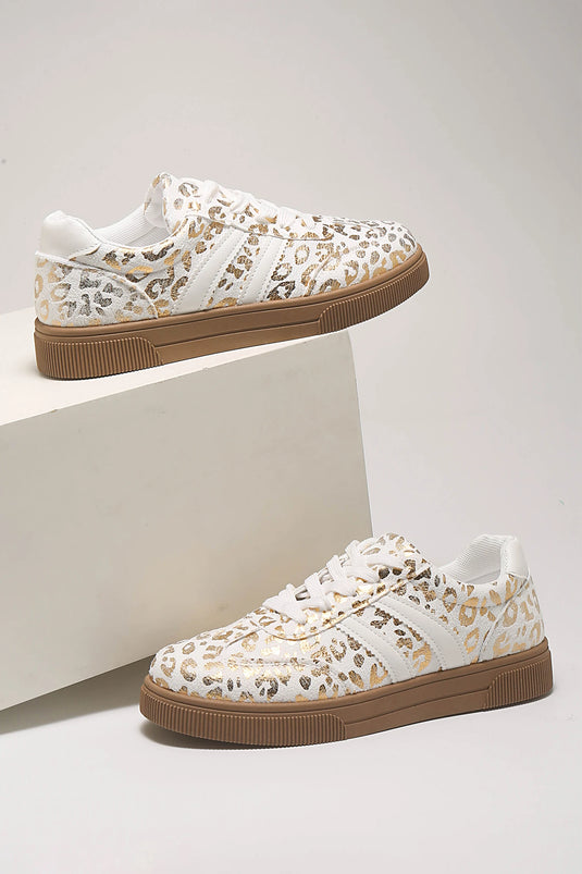 DLLSHOE 91 - Gold Metallic Leopard Print Lace Up Flat Shoes