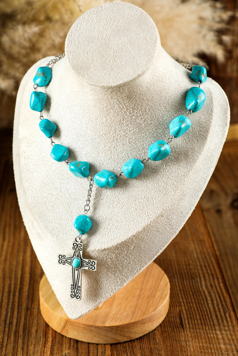 Load image into Gallery viewer, DLLNK 2 - Peacock Blue Turquoise Cross Pendant Necklace
