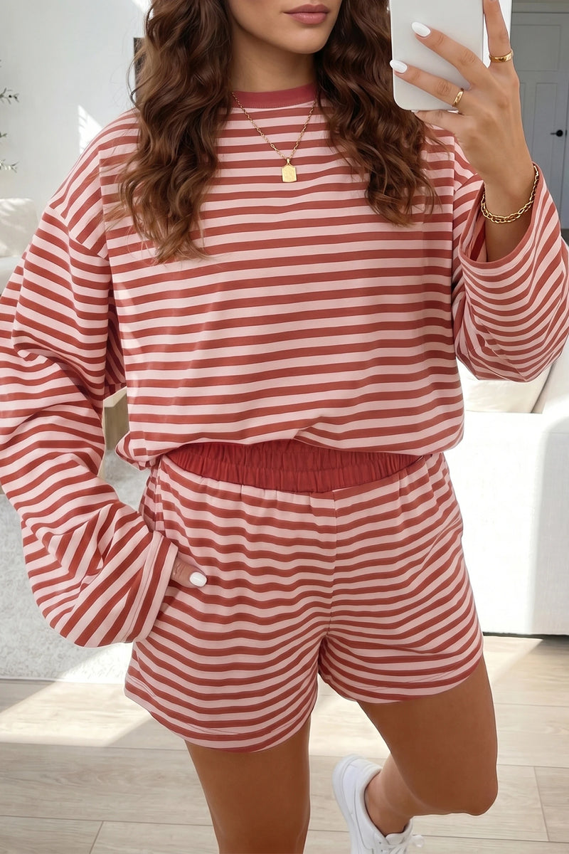 Load image into Gallery viewer, DLLS767 - Ladies Brown Stripe Long Sleeve Top Contrast Elastic Waistband Short Set
