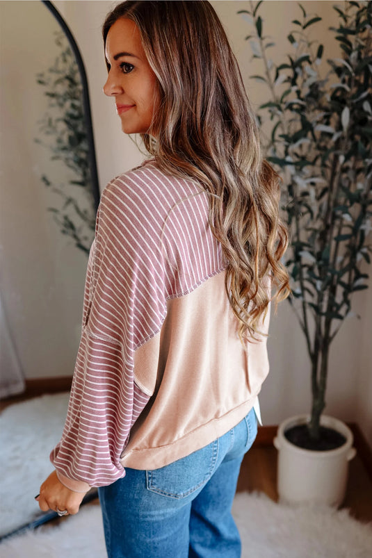 DLLS313 - Ladies Pink Stripe Exposed Stitching Patchwork Casual Long Sleeve Top
