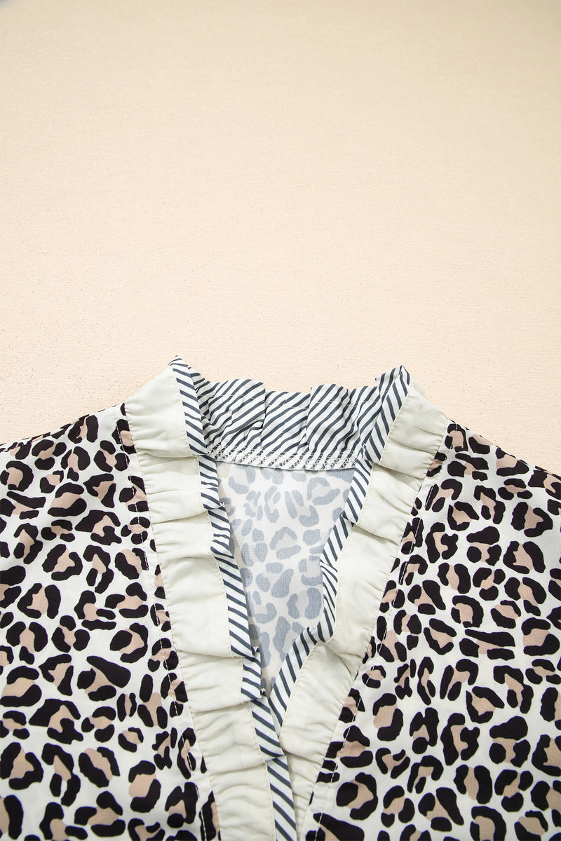 Load image into Gallery viewer, DLLS368 - Ladies Black Leopard Print Striped Ruffled Color Block Trim V Neck Short Sleeve Blouse

