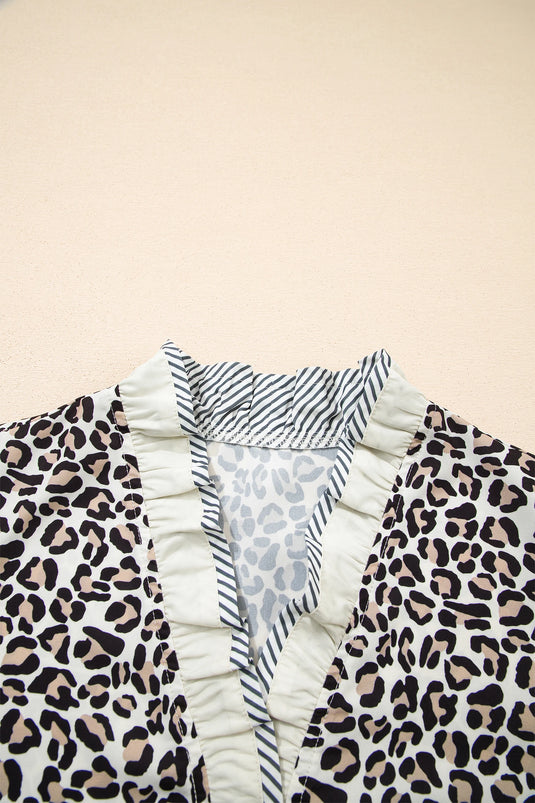 DLLS368 - Ladies Black Leopard Print Striped Ruffled Color Block Trim V Neck Short Sleeve Blouse