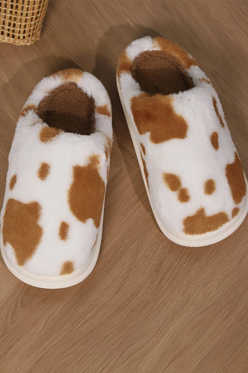 Load image into Gallery viewer, DLLSHOE 128 - Chestnut Cow Spot Printed Plush Home Slippers

