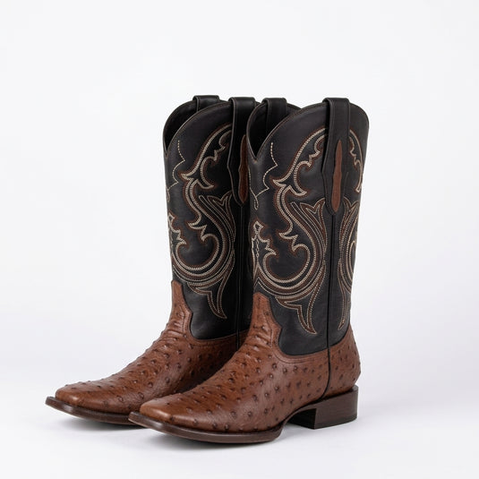 8029 - RockinLeather Men's Coffee Full Quill Ostrich Square Toe Western Boot