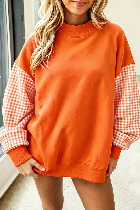 DLLS885 - Ladies Russet Orange Plaid Sleeve Colorblock Loose Tunic Sweatshirt