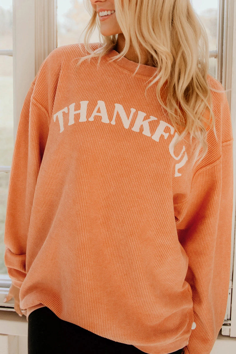 Load image into Gallery viewer, DLLS993 - Ladies Orange THANKFUL Letter Graphic Corded Sweatshirt

