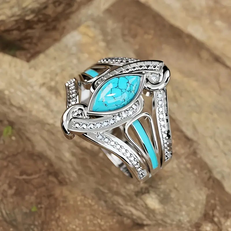 Load image into Gallery viewer, TMRG1 - Turquoise/Zirconia Horse Eye Shaped Ring
