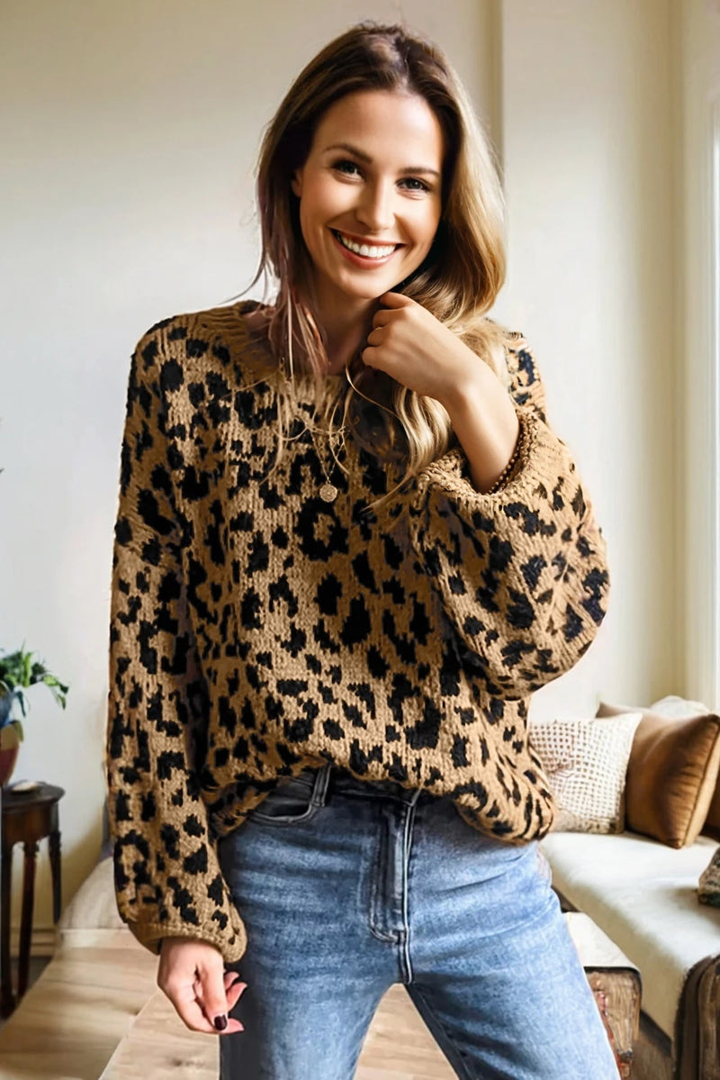 Load image into Gallery viewer, DLLS181 - Ladies Light French Beige Ribbed Trim Round Neck Leopard Drop Shoulder Sweater
