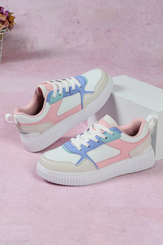 DLLSHOE 167 - Light Pink Color Block Stitched PU Leather Lace-Up Casual Sneakers