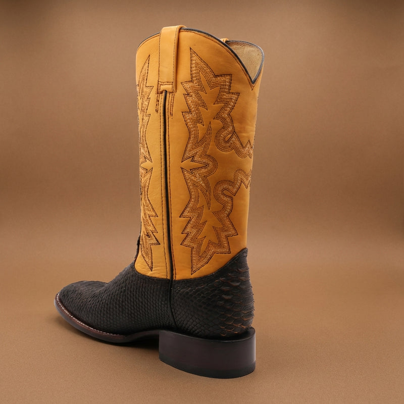 Load image into Gallery viewer, CP5007 - Cowboy Prayer Black Python Print w/Yellow Underlay Western Boot
