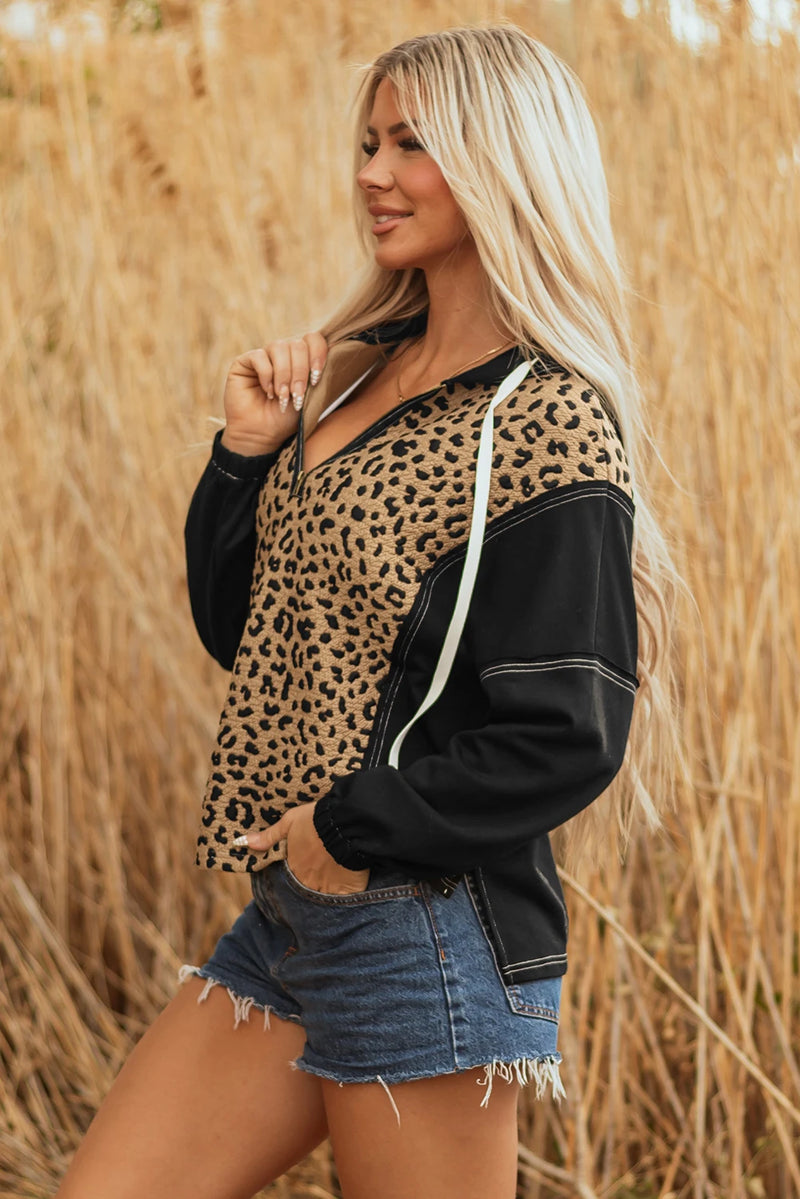 Load image into Gallery viewer, DLLS196 - Ladies Brown Leopard Patchwork Contrast Stitching Knotted Cuff Quarter Zip Hoodie
