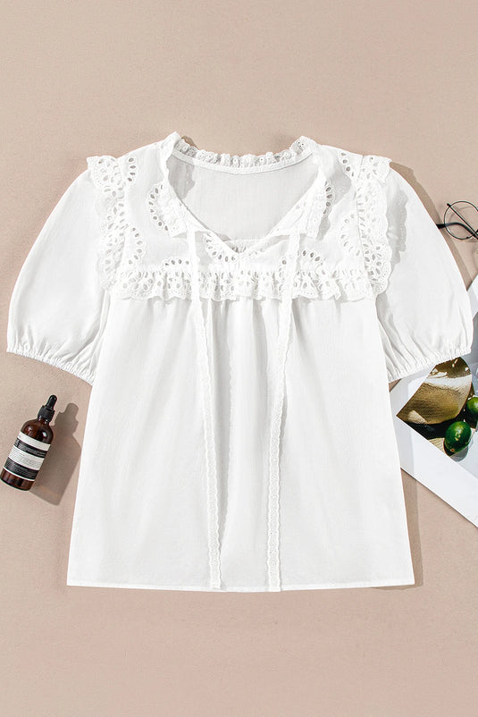 DLLS366 - Ladies White Embroidered Lace Patchwork Tie Neck Puff Short Sleeve Blouse