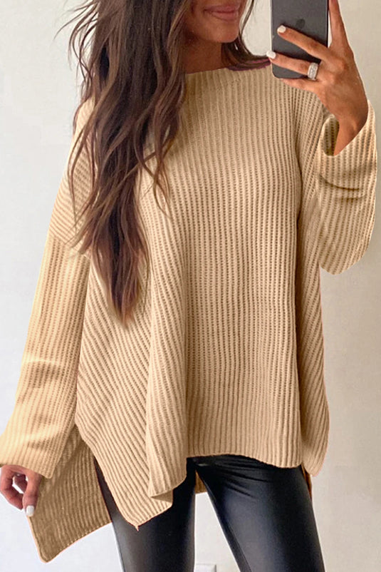 DLLS137 - Ladies Apricot Cable Knit Drop Shoulder Side Slits Loose Sweater