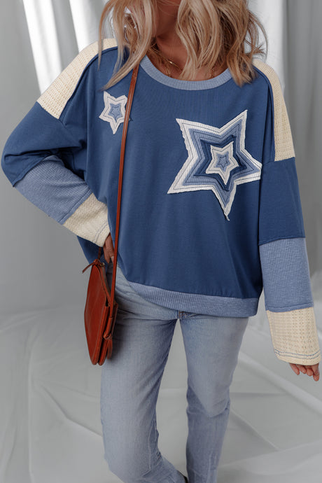 DLLS113 - Ladies Dark Blue Contrast Knitted Colorblock Star Patchwork Oversize Shirt