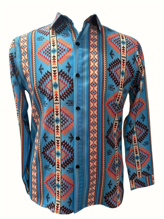 TMWST19 - Light Blue Aztec Print Western Shirt