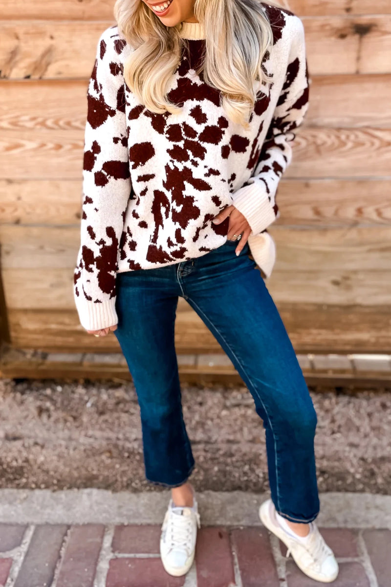 Load image into Gallery viewer, DLLS1024 - Ladies Brown Cow Pattern Long Sleeve Round Neck Pullover Knitwear Sweater
