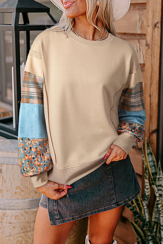 DLLS918 - Ladies Smoke Gray Plaid Colorblock Patchwork Sleeve Raw Seam Sweatshirt
