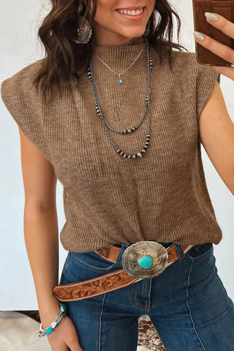 Load image into Gallery viewer, DLLS557 - Ladies Light French Solid Color Ribbed Mock Neck Sleeveless Sweater
