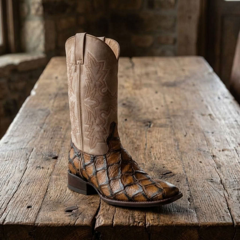 Load image into Gallery viewer, CP5015 - Cowboy Prayer Hand Crafted Golden Brown Pirarucu Print Cowboy Boots
