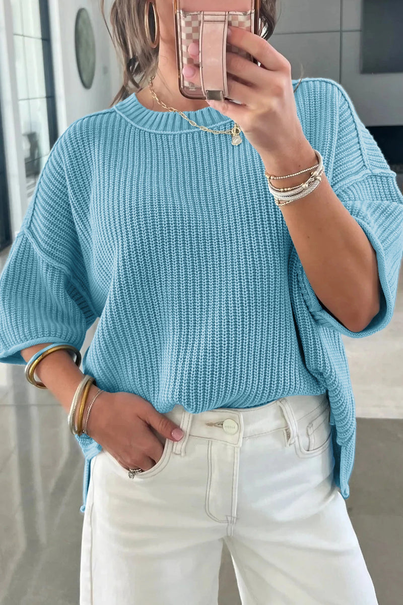 Load image into Gallery viewer, DLLS610 - Ladies Mist Blue Exposed Seam Detail Half Sleeve Loose Sweater
