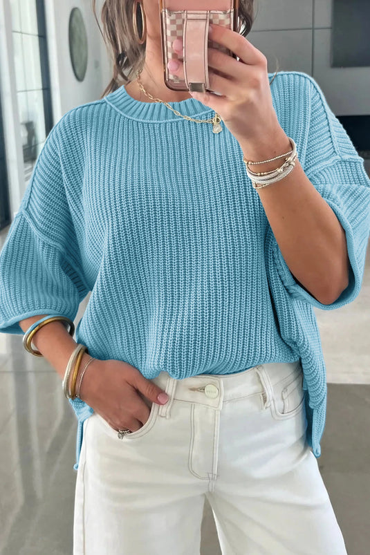 DLLS610 - Ladies Mist Blue Exposed Seam Detail Half Sleeve Loose Sweater