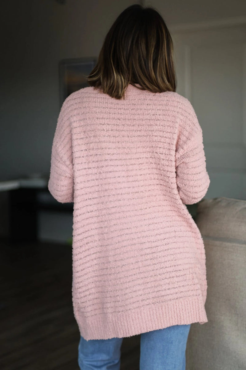 Load image into Gallery viewer, DLLS857 - Ladies Light Pink Open Front Soft Fuzzy Ribbed Sweater Cardigan
