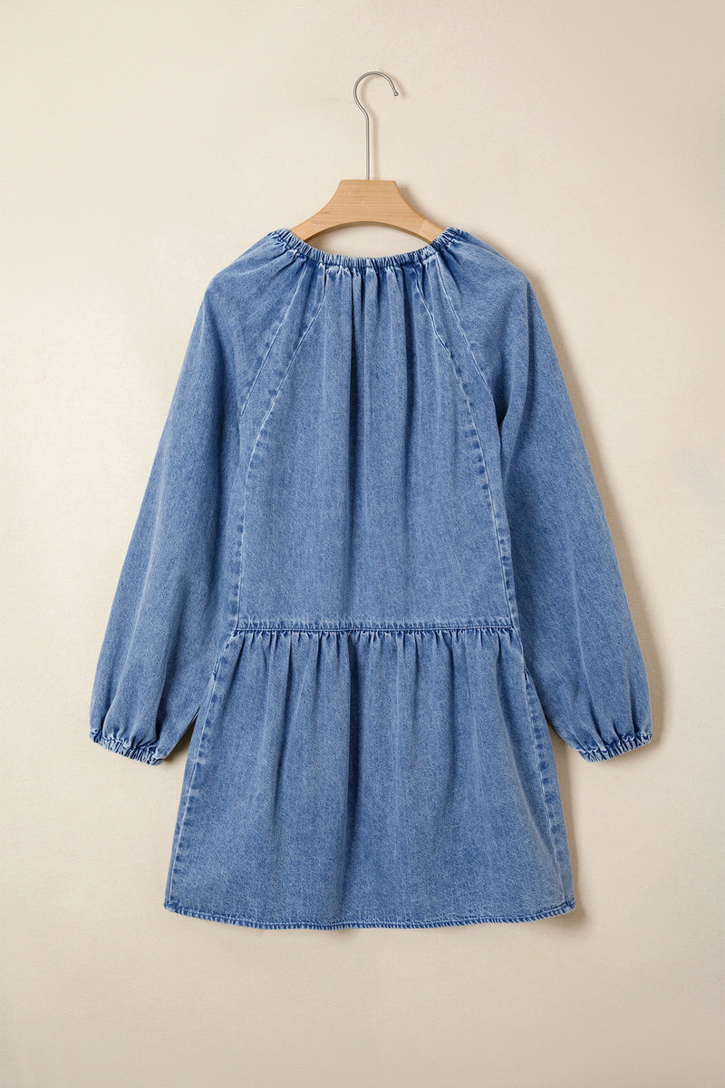 Load image into Gallery viewer, DLLS564 - Ladies Myosotis Puff Sleeve V Neck Ruffled Loose Denim Mini Dress
