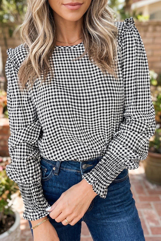 DLLS818 - Ladies Black Plaid Shirred Cuff Long Sleeve Round Neck Blouse