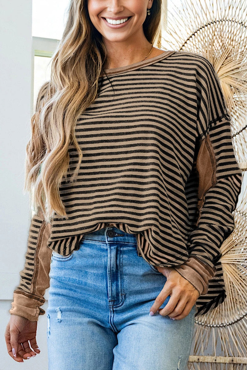 Load image into Gallery viewer, DLLS249 - Ladies Khaki Stripe Thermal Knit Drop Shoulder Casual Top
