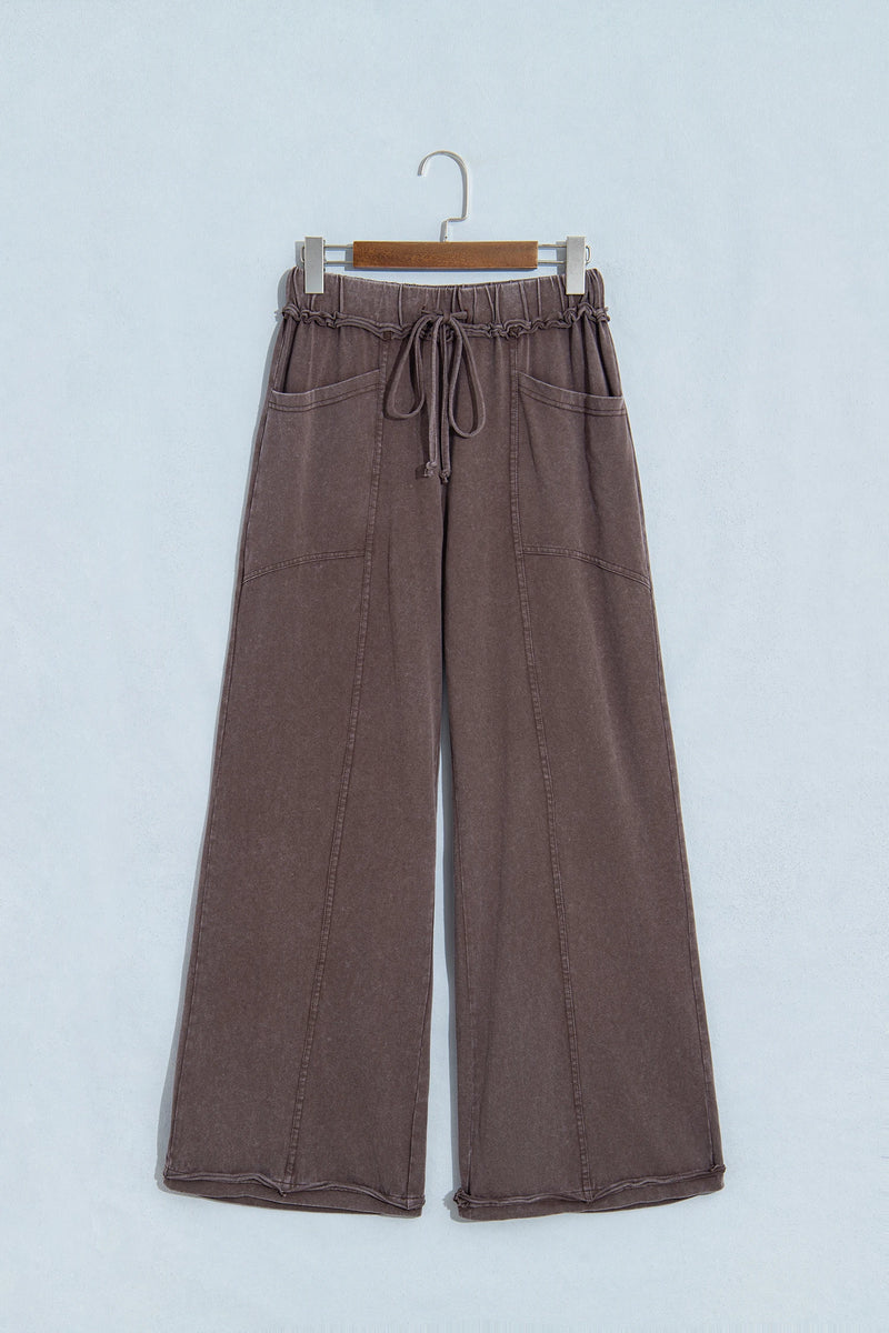 Load image into Gallery viewer, DLLS1142 - Ladies Coffee Mineral Wash Seam Detail Flare Leg Drawstring Pants
