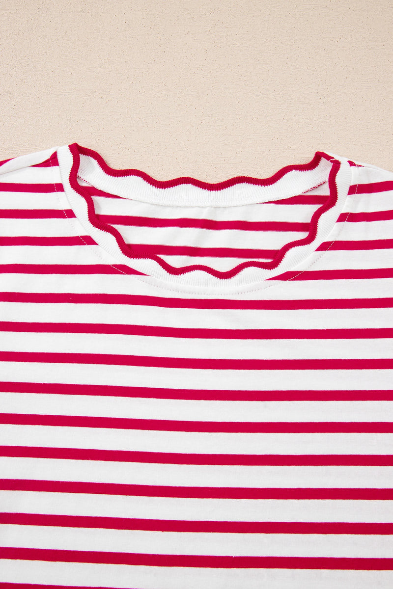 Load image into Gallery viewer, DLLS349 - Ladies Red Stripe Scalloped Trim Round Neck T Shirt
