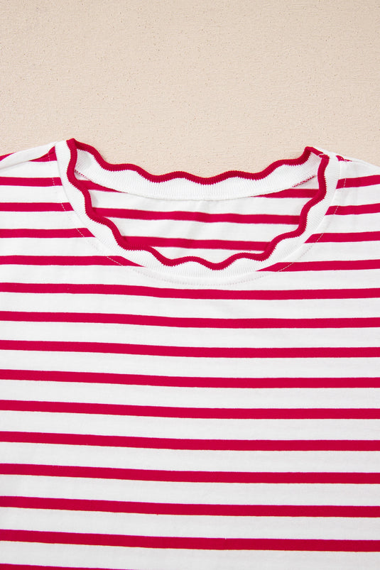 DLLS349 - Ladies Red Stripe Scalloped Trim Round Neck T Shirt
