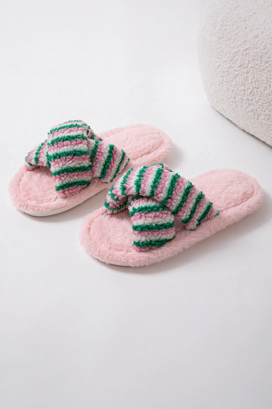 DLLSHOE 184 - Pink Striped Cross Band Soft Plush Open Toe Slippers