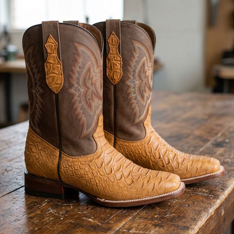 Load image into Gallery viewer, CP1708 - Cowboy Prayer Hand Crafted Tan Python Print Cowboy Boots

