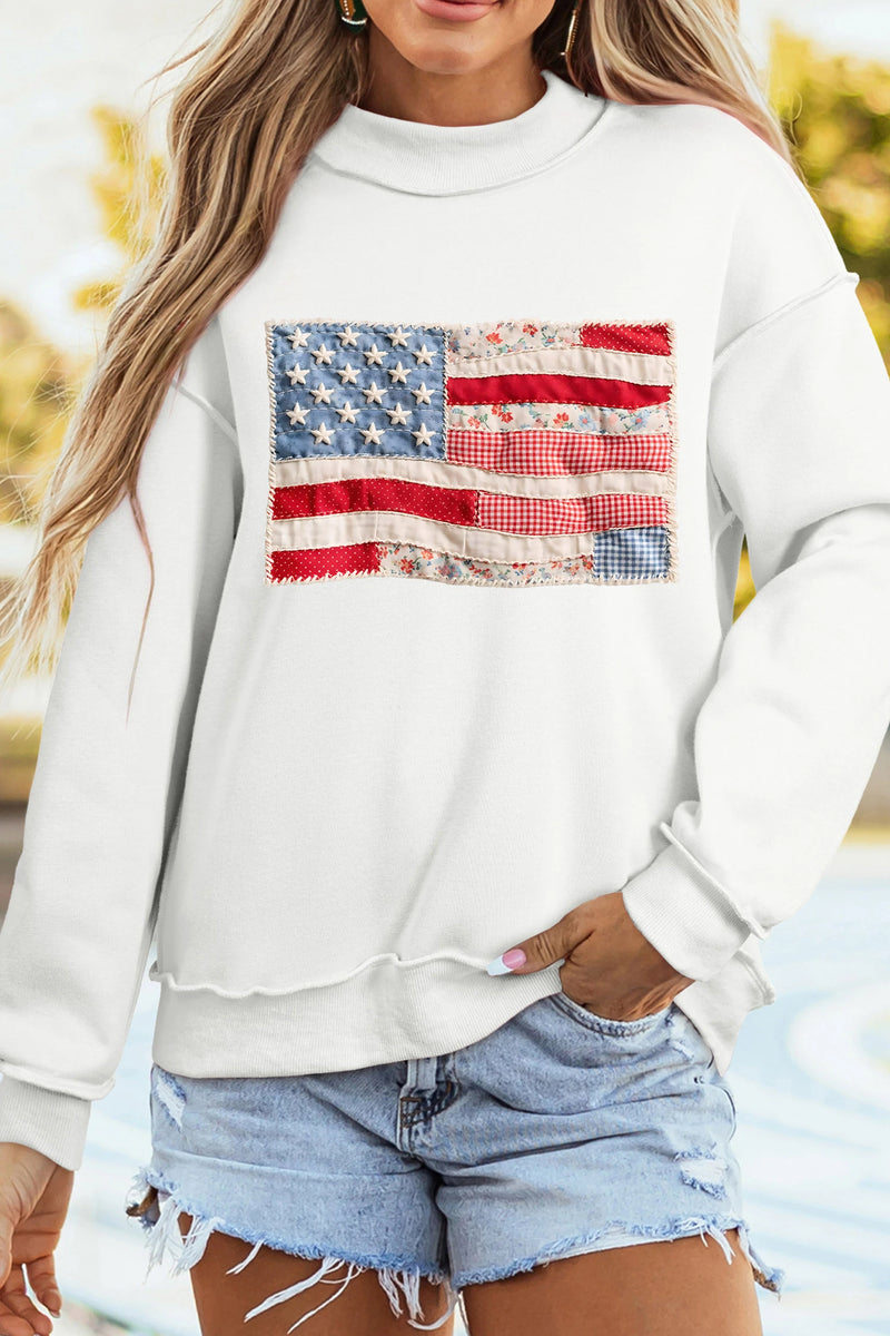 Load image into Gallery viewer, DLLS617 - Ladies White Faux Patchwork Print USA Flag Double Side Printed Reversible Sweatshirt

