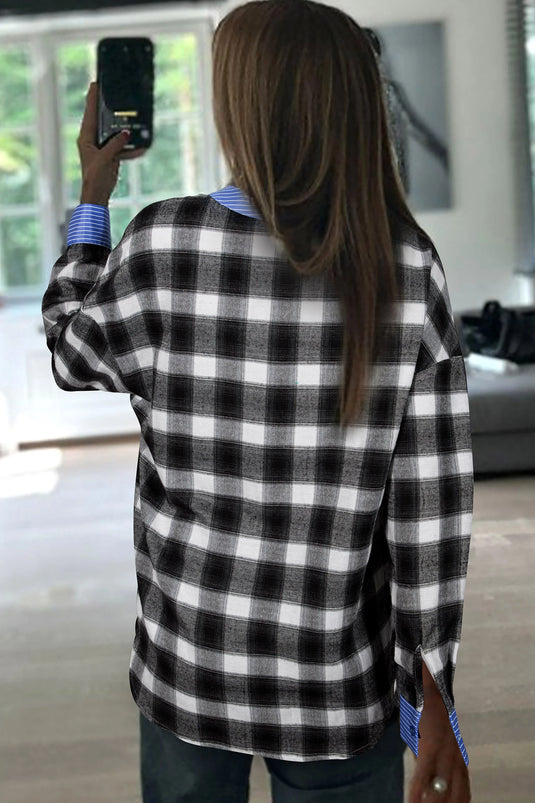 DLLS297 - Ladies Black Contrast Striped Edge Half Placket Plaid Blouse