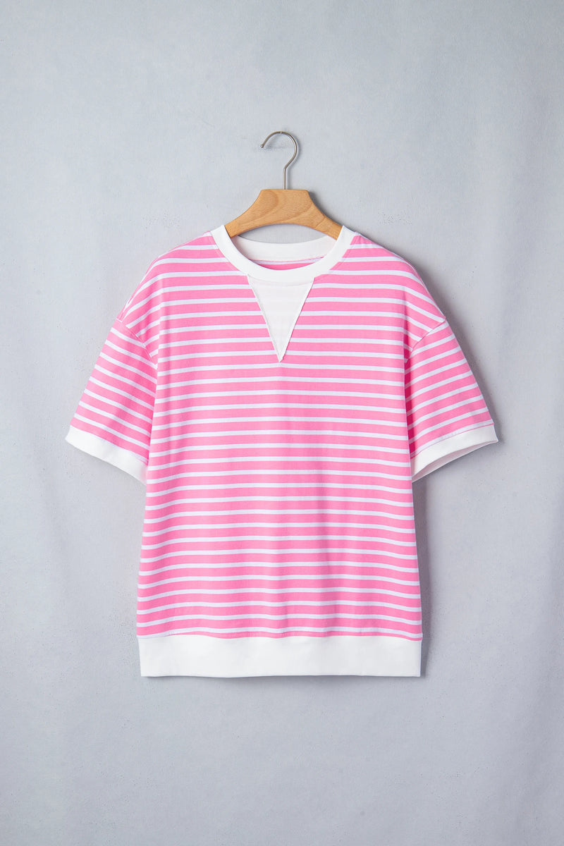 Load image into Gallery viewer, DLLS524 - Ladies Pink Stripe Round Neck Drop Shoulder Short Sleeve Loose Top
