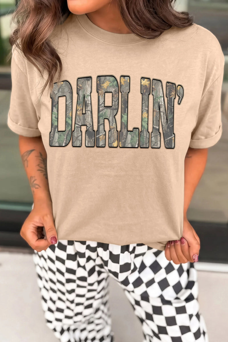 Load image into Gallery viewer, DLLS773 - Ladies Khaki DARLIN Camo Letter Print Crewneck T Shirt
